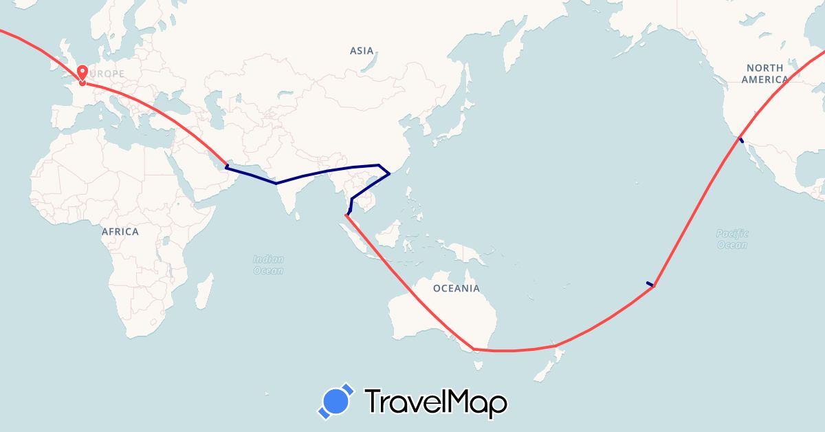 TravelMap itinerary: driving, hiking in United Arab Emirates, Australia, China, France, Hong Kong, India, New Zealand, French Polynesia, Thailand, United States (Asia, Europe, North America, Oceania)